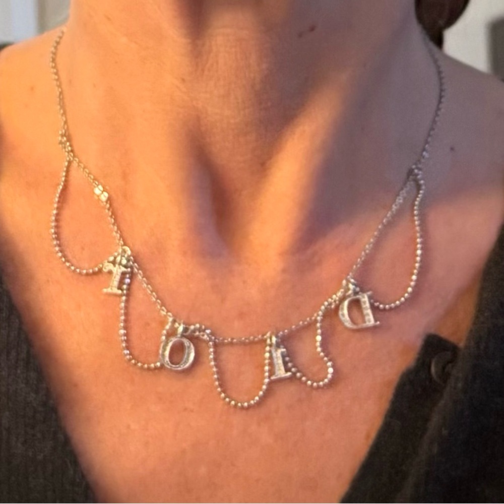 Dior Silver Letter Charm Necklace with Beaded Drapes